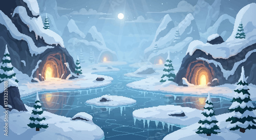 Winter landscape with glowing caves and frozen river.