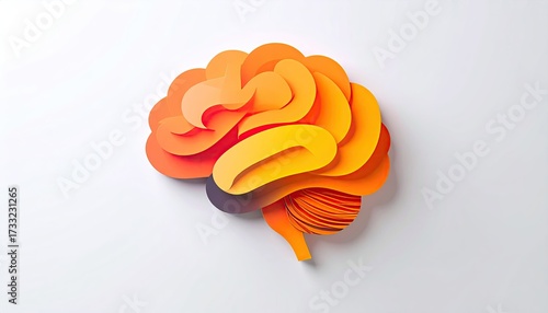 A layered paper brain sculpture in warm hues, resting on a white surface