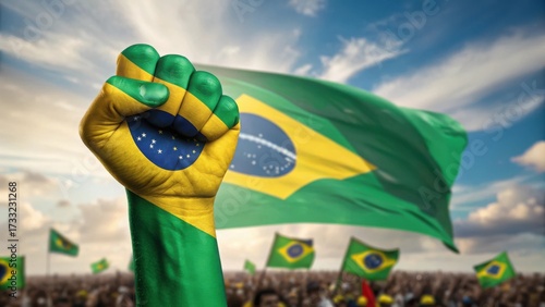Brazilian flag painted on a fist raised in protest with crowd in background