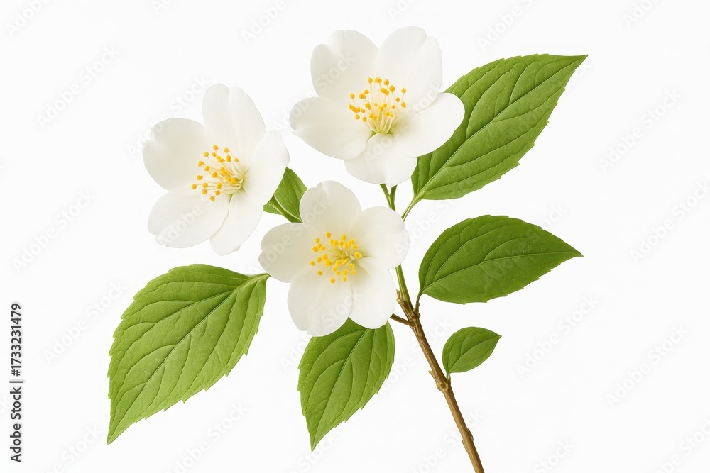 Fototapeta premium Delicate mock orange jasmine branch with white blossoms isolated on clean white studio background