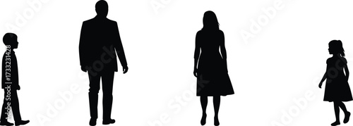 Silhouette of family with father, mother, son, and daughter standing together, parenthood, lifestyle, love, care, relationship, unity concept