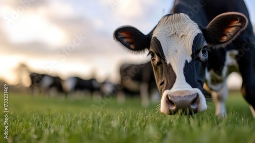 Close-up of a Holstein cow grazing in a lush green field at sunset capturing natural agriculture