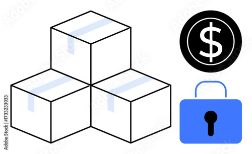 Three stacked cardboard boxes, dollar sign in a black circle, and a blue padlock symbol. Ideal for logistics, e-commerce, finance, security, delivery retail business strategy. A simple flat