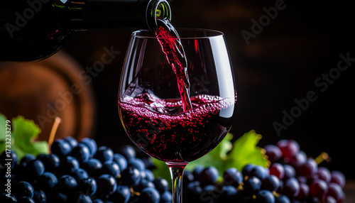 A Stream of Red Wine Pouring into a Glass with Fresh Grapes in the Background for Elegant Dining Visuals