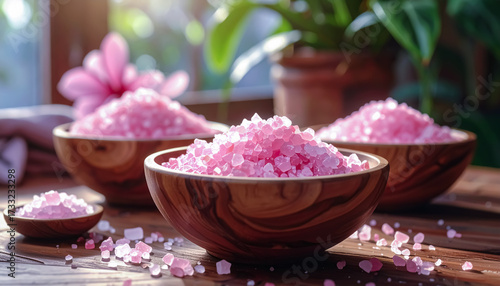 Multiple Wooden Bowls Filled with Pink Bath Salts on a Rustic Table with Soft Natural Lighting