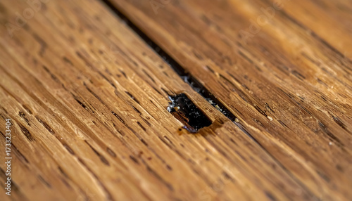 Extreme Close-Up of a Deep Crack on a Worn Wooden Floor Highlighting Texture and Structural Decay