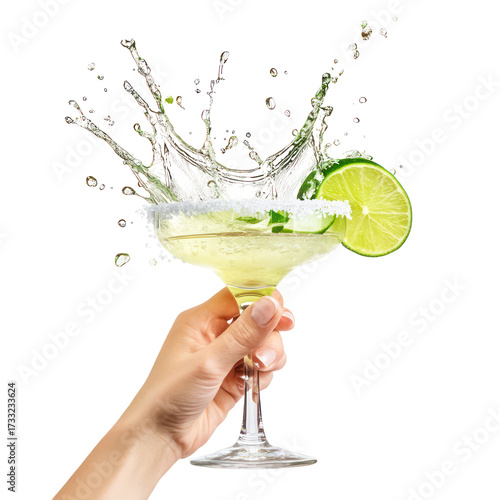 Hand holding a margarita cocktail with lime and splash isolated on transparent background