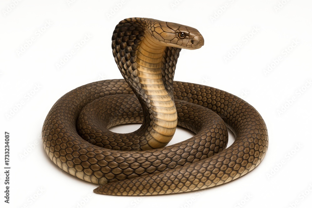 Fototapeta premium King cobra coiled with hood spread fine scales isolated on pure white studio background