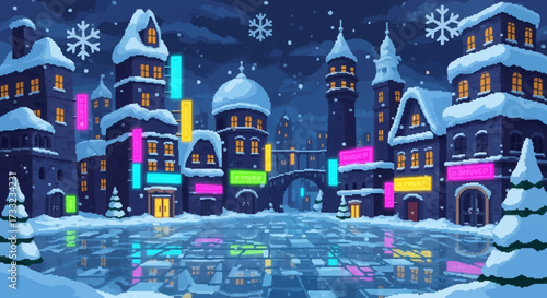 Winter wonderland town with colorful neon lights reflecting on frozen lake.