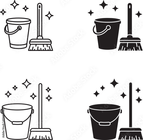 Cleaning Icons Bucket and Broom Representing Cleanliness in Outline and Silhouette Style