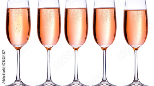 Five flutes of pink champagne isolated on transparent background