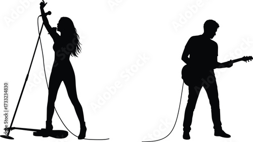 Silhouette of female singer with microphone stand and male guitarist playing electric guitar, live concert, rock band, stage performance illustrationSilhouette of female singer with 