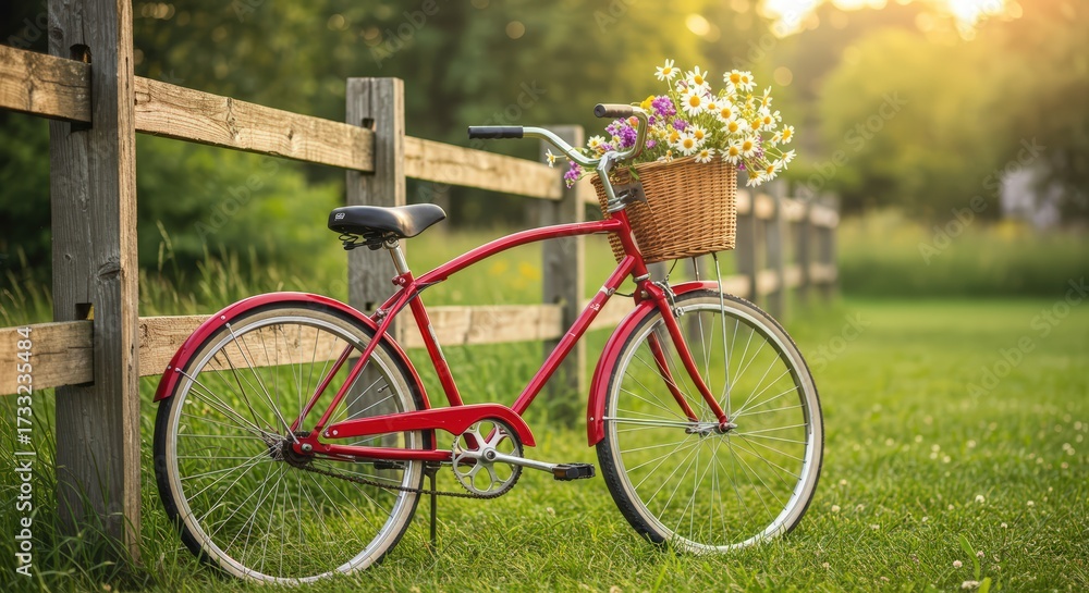 Fototapeta premium A classic, well-loved red cruiser bicycle with a wicker basket, leaning against a rustic wooden fence on a sunny summer day. A nostalgic and cheerful scene.