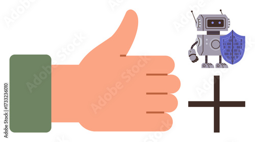 Hand gesture supporting robotic security with shield and plus sign, representing trust, safety, teamwork. Ideal for technology, cybersecurity, protection, robotics trust teamwork safety. Simple