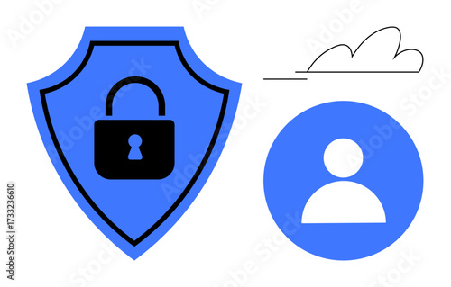 Blue shield with lock for protection, user profile circle, and cloud. Ideal for security, privacy, user management, cloud services, data integrity identity protection and technology themes. Simple