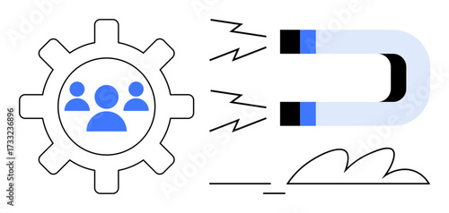 Magnet pulling force toward group of people inside a gear. Ideal for teamwork, customer retention, productivity, efficiency, strategy, leadership, process improvement. Simple metaphor