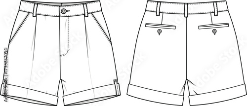 Technical fashion illustration shorts front back view, pleated waistband belt loops, button closure, cuffed hem, side pockets, welt pockets, garment construction, sewing pattern, apparel design