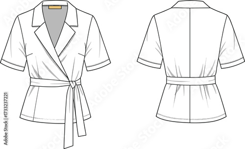 Women’s short sleeve wrap blouse fashion flat sketch, technical clothing illustration with notched lapel collar, waist tie belt, apparel design drawing front back view
