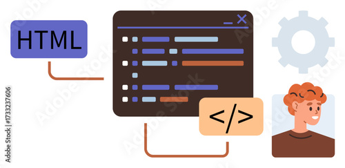 Code editor with colorful syntax highlighting connects to HTML element and developers profile with gear. Ideal for programming, web design, learning, coding collaboration, software development, IT