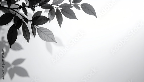 Dark leaves and branch in corner, creating shadows on a bright, white background