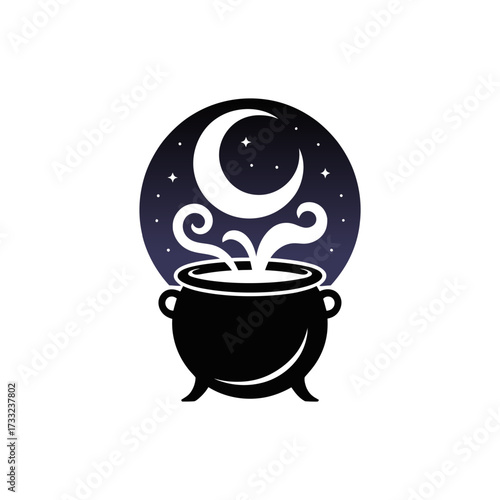 cauldron silhouette, moon and stars, enchanted brew vapors, nocturnal ritual theme, witchy aesthetic, mystical spell logo