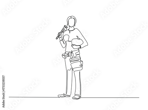 Female carpenter in single outline illustration. Continuous line art drawing of female engineer, industrial concept. Editable stroke.