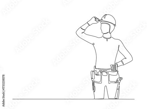 Female carpenter in single outline illustration. Continuous line art drawing of female engineer, industrial concept. Editable stroke.