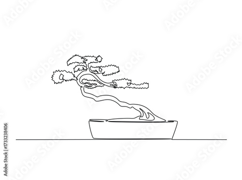 Beautiful bonsai tree art in single outline illustration. Continuous line art drawing of bonsai tree in pot.