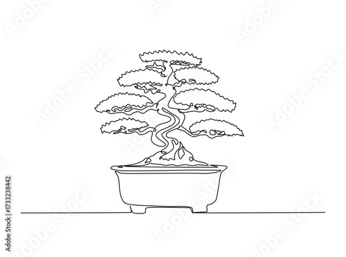 Beautiful bonsai tree art in single outline illustration. Continuous line art drawing of bonsai tree in pot.