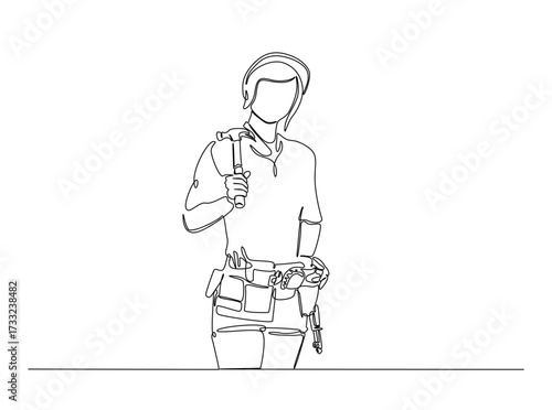 Female carpenter in single outline illustration. Continuous line art drawing of female engineer, industrial concept. Editable stroke.