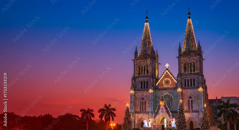 Fototapeta premium Christmas in Jakarta banner background, cathedral with lights on glowing gradient