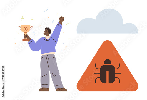 Person cheering with a trophy amidst confetti beside a caution triangle with a bug icon and a cloud. Ideal for technology, achievement, coding, debugging, software development, success, teamwork. A