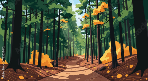 A serene autumn forest path with tall trees, golden leaves, and a dirt trail leading into the distance, captured in a vibrant digital illustration.