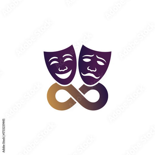 theater masks infinity logo, comedy and tragedy symbol, performing arts brand, culture entertainment emblem, elegant vector