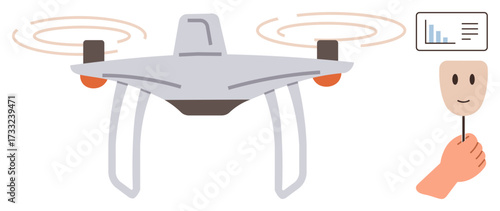 Flying quadcopter scanning face on stick with bar graph display screen. Ideal for technology, security, innovation, data analysis, artificial intelligence, privacy, surveillance, simple flat metaphor