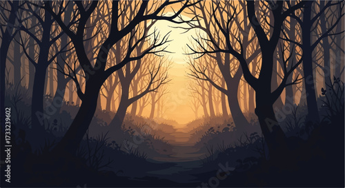 Serene autumn forest path at sunset with bare trees and warm golden light casting a peaceful ambiance in the landscape.