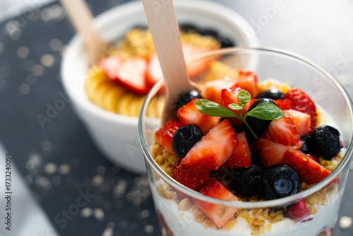 yogurt, fruit, mint, dessert, sweet, fresh, berry, snack, healthy, tasty, creamy, colorful, food, treat, dish, bowl, closeup, photo, ripe, juicy, natural, chill, summer, light, soft, smooth, spoon, yu