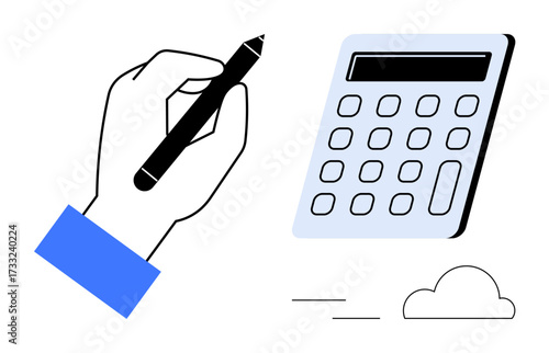 Hand holding pen by a calculator, suggesting computation, budgeting, or learning. Ideal for finance, education, planning, analysis productivity accounting creativity. Simple flat metaphor