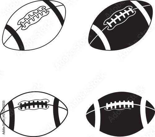 American Football Balls in Black and White Sports Equipment Illustration Set