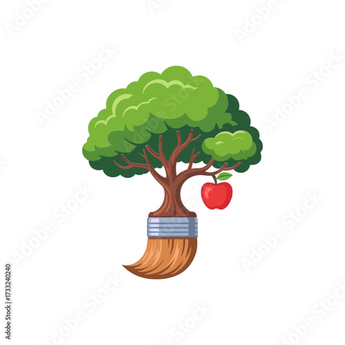 Resilient orchard tree logo, rope wrapped trunk, hanging red apple, growth and stability concept, rustic organic brand mark