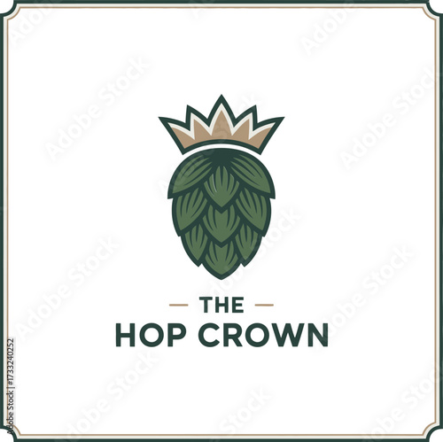 Hop crown logo, royal brewing symbol, crowned hop bud, heritage craft beer identity, elegant vintage vector mark