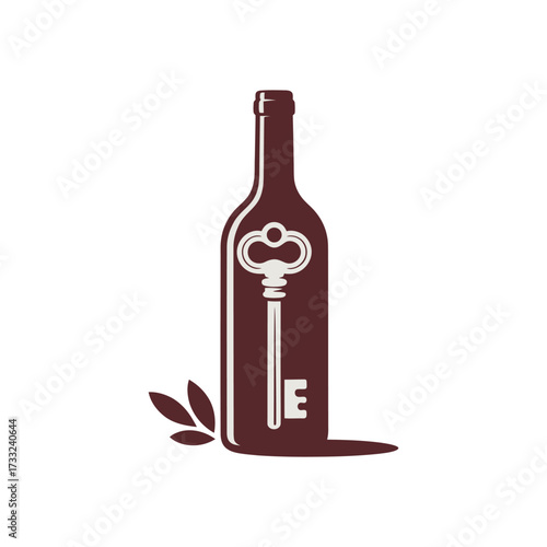 Wine bottle with key, secret cellar logo, vintage oenology emblem, lock and unlock concept, elegant vector