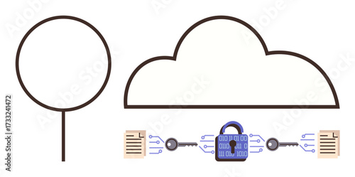 Cloud connected to locked files via encryption keys and a central padlock, signifying data protection and secure transfer. Ideal for cybersecurity, cloud storage, privacy, technology, safe