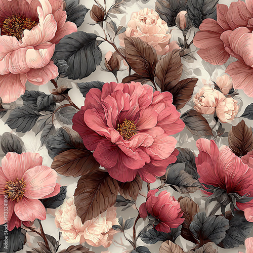 A flowery pattern with pink and brown flowers