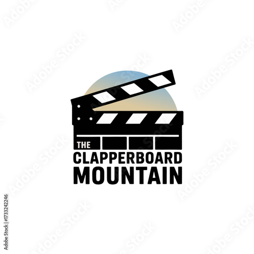 Clapperboard mountain logo, film studio emblem, cinema slate over peak silhouette, production company branding, bold modern vector