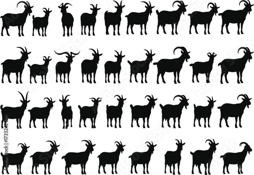 Goat silhouette collection, black goat vector set, diverse goat poses, horn shapes, farm animal clipart, livestock illustration, isolated goat graphics