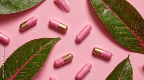 Pink Capsules and Green Leaves on a Soft Pink Background