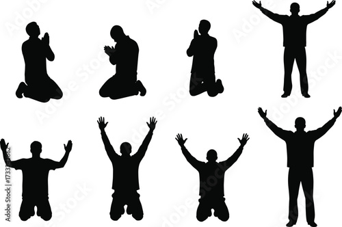 Silhouette of people praying, worship poses collection, spiritual devotion, religious gesture, kneeling and standing figures, faith expression, black vector illustration set