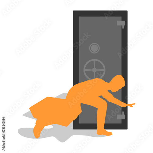Man gangster steals documents or money from safe box. Concept of commercial espionage and trying to get insider documents. Thief escaping with a loot. Safe burglary.