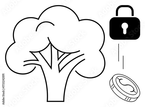 Tree representing nature, padlock for protection, coin for investment. Ideal for sustainability, ecology, environmental conservation, security, finance responsible growth green economy. Simple flat